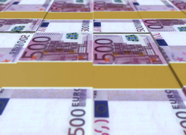 Money In Briefcase -  500 Euro European Union Currency,  Euro Symbol, Briefcase, Currency, Metal, Paper Currency, Aluminum, Leather, Suitcase, Luggage, Bag, Number 500, Open, Bribing, Full, Business, Selective focus banknote euro close up stock illustrations