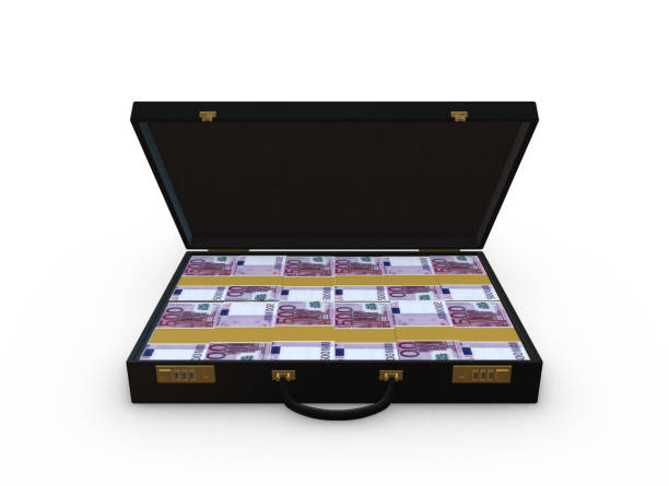 Money In Briefcase -  500 Euro European Union Currency,  Euro Symbol, Briefcase, Currency, Metal, Paper Currency, Aluminum, Leather, Suitcase, Luggage, Bag, Number 500, Open, Bribing, Full, Business banknote euro close up stock illustrations