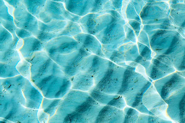 Photo of Blue clear transparent water background with sand
