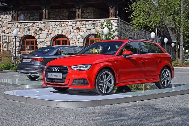 Audi A3 vehicles on the exposition Zakopane, Poland - July 4th, 2016: The presentation of Audi A3 vehicles after the facelifting. These vehicles are the ones of the most popular premium cars in the world. ingolstadt photos stock pictures, royalty-free photos & images