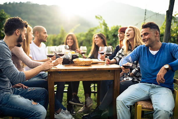 istock friends having fun with red wine in the countryside 639152256