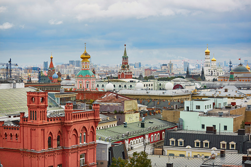 Scenic view of Moscow city center with Kremlin palace, Saint Basils Cathedral and Ivan the Great Bell Tower