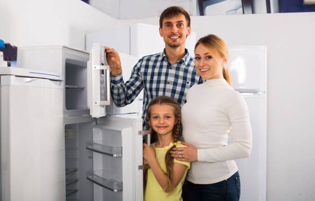 família seleccionar frigorífico - three different refrigerators imagens e fotografias de stock