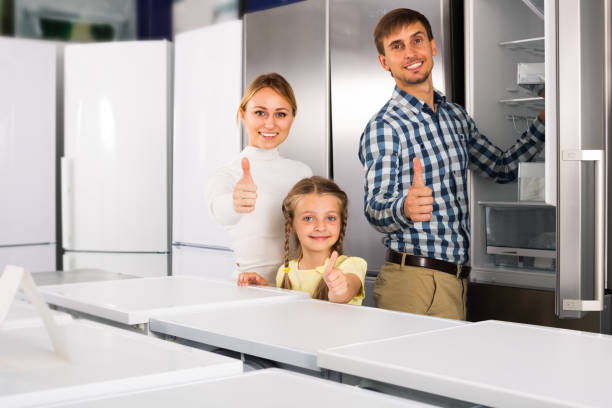 família seleccionar frigorífico - three different refrigerators imagens e fotografias de stock