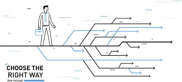 사업가 올바른 경로 선택 - footpath single lane road crossroads sign road sign stock illustrations