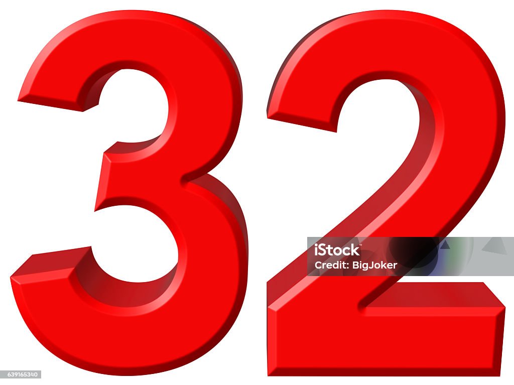 Numeral 32, thirty two, isolated on white background, 3d render Digitally Generated Image Stock Photo