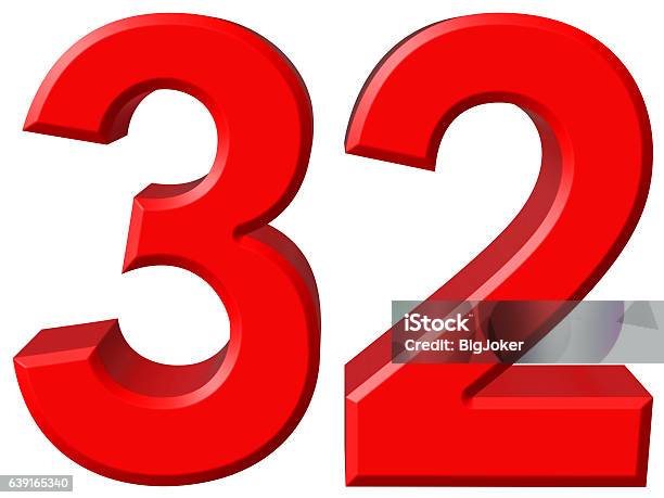 Numeral 32 Thirty Two Isolated On White Background 3d Render Stock Photo - Download Image Now
