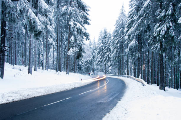 istock Driving through winter Forest Road. 639166714
