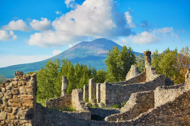 Ancient ruins in Pompeii, Roman town near modern Naples destroyed and buried under volcanic ash during eruption of Mount Vesuvius in 79 AD