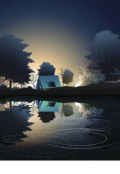 Vector illustration of camping in deep wood near lake when sunrise