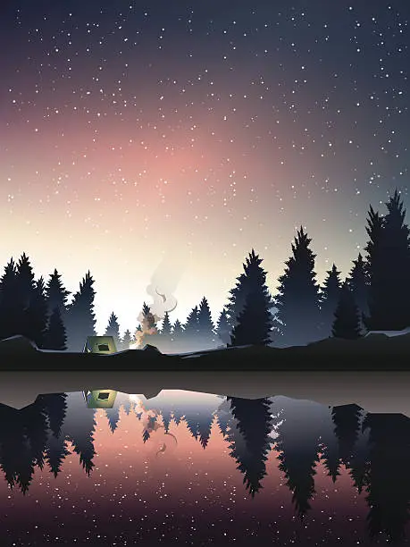 Vector illustration of camping in pine wood near lake at dusk