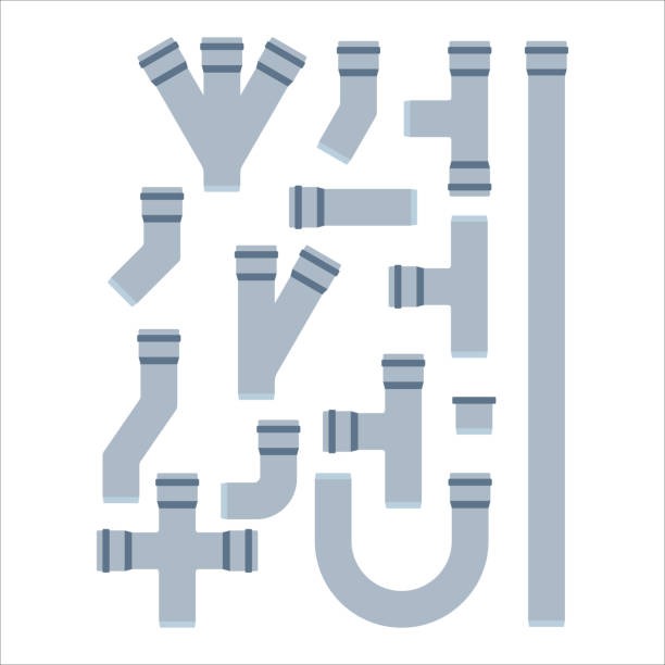 Pipes vector icons isolated. Details pipes different types collection. Vector set of water tube industry, gas valve construction. Oil industrial pressure technology plumbing. Steel factory engineering. pvc flange stock illustrations