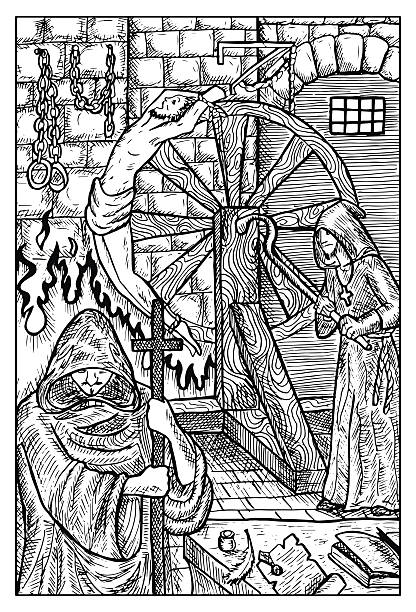 инквизитор. средневековая инквизиция, палач и жертва, старая тюрьма - пытать stock illustrations