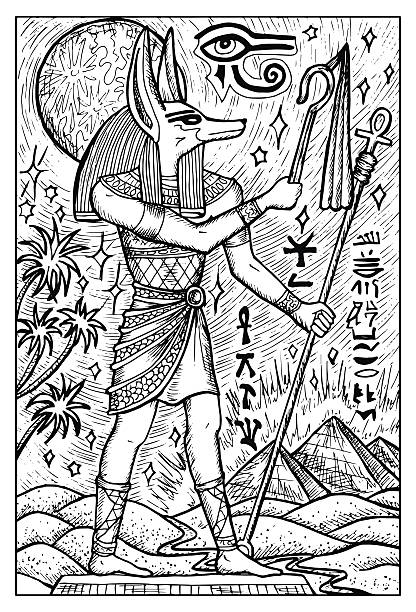 Anubis. Egyptian mythological god Egyptian mythological god with wolf or dog head and human body. Fantasy magic creatures collection. Hand drawn vector illustration. Engraved line art drawing, graphic mythical doodle remarkable hell stock illustrations