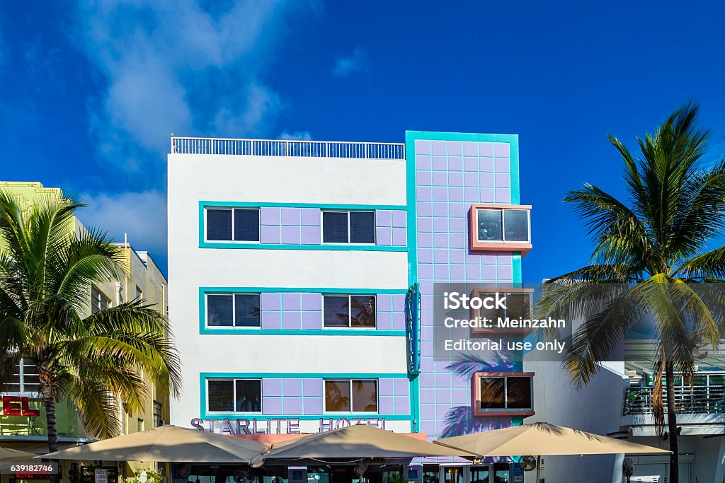 The Starlite hotel at ocean drive Miami, United States - August 5, 2013: The Starlite hotel located next to Colony Hotel at Ocean Drive and built in the 1930's is one of the most photographed hotel in South Beach,Miami, Florida. Advertisement Stock Photo