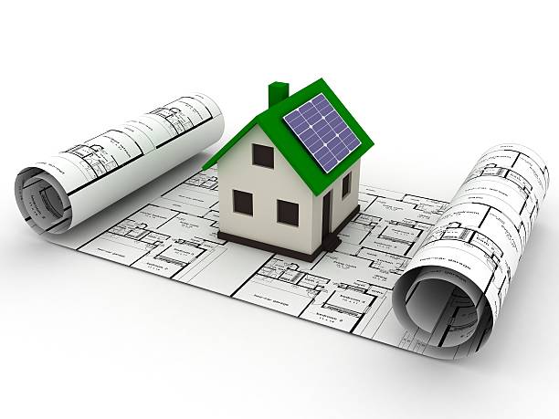 istock Smart house solar energy technology planning blueprint concept 639182906