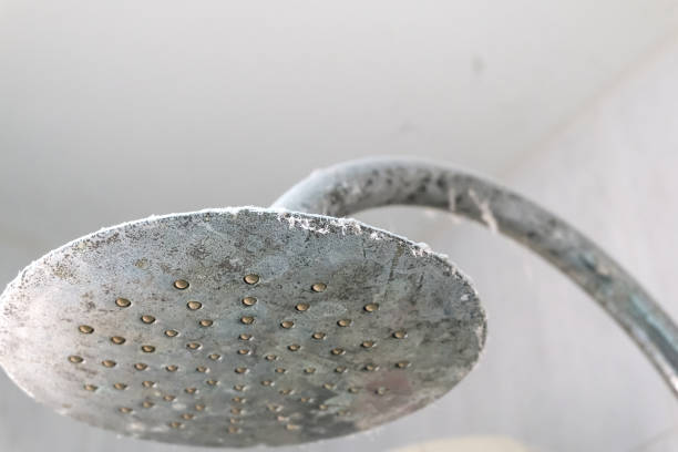 close-up of dust on dirty chrome shower head