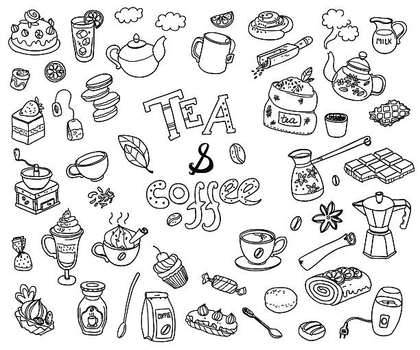 Big vector collection of doodle tae and coffee. Equipment  de Big vector collection of doodle tae and coffee. Equipment and dessert, spoon, sweets, cake, cup, teapot, bakery and cookery. Outline. Back and white.  tea stock illustrations