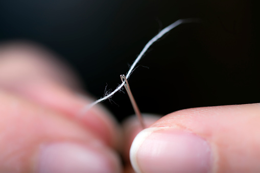 Sewing machine foot with a needle sews fabric. Close-up. Place for text