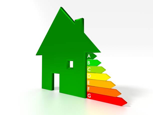 istock Green house symbol next to an energy efficiency graph 639195930