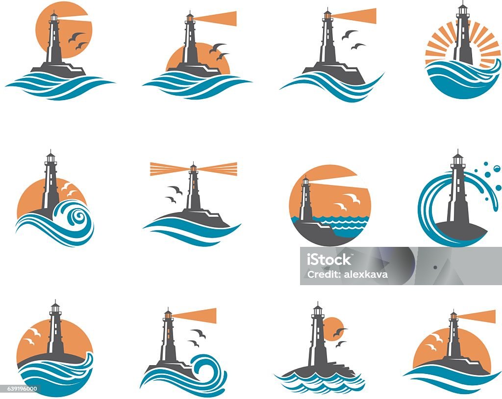 lighthouse icon design lighthouse icon design with ocean waves and seagulls Lighthouse stock vector
