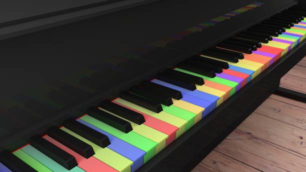 istock Piano with differntly colored keys on wooden floor 639196096