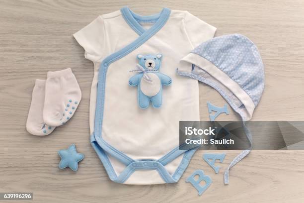 Infant Bodysuit With Matching Hat And Socks Stock Photo - Download Image Now - Baby - Human Age, Newborn, Pacifier