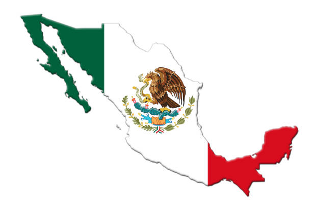 Mexican National Flag With Eagle Coat Of Arms In Shape Of Mexican Map On White Background 3D Rendering