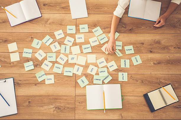 istock Overhead view of sticky notes on office desk 639198284