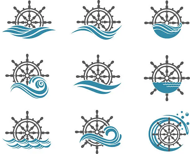 Vector illustration of set of yacht helm wheel