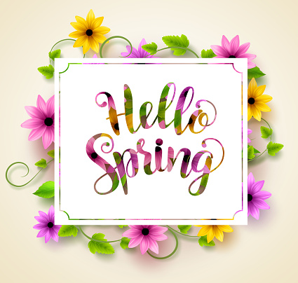 Hello spring vector background design with paper cut typography in a colorful flowers and vines. Vector illustration.