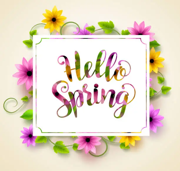 Vector illustration of Hello spring vector background design with paper cut typography