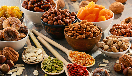 Composition with dried fruits and assorted nuts.