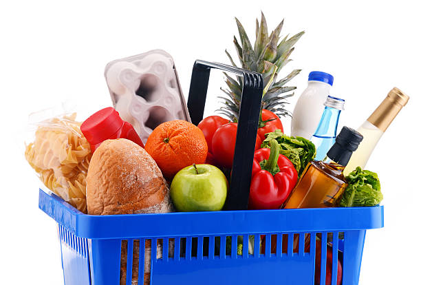 istock Plastic shopping basket with assorted grocery products 639201710
