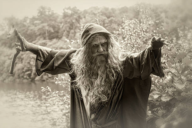 sepia toned image of wizard by lake stock photo