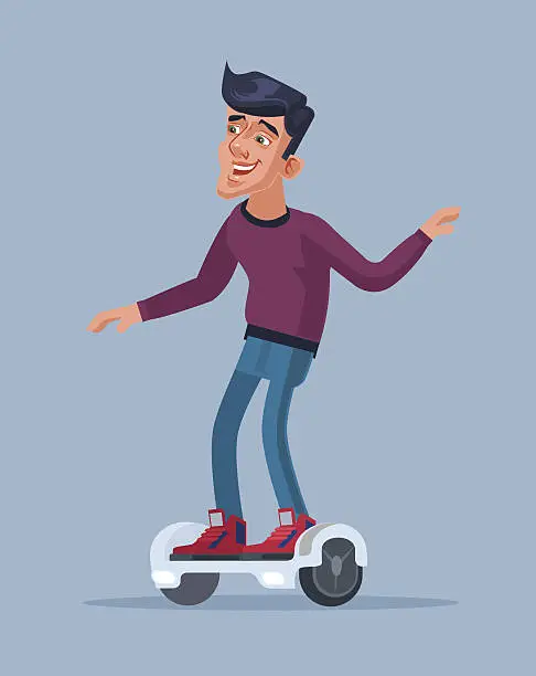 Vector illustration of Man character riding on hoverboard. Vector flat cartoon illustration