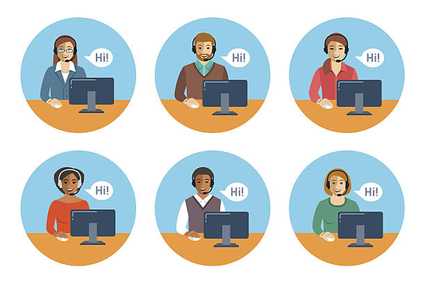 Call center agents team at desks flat icons Call center agents team. Flat vector round icons. Customer care operators, guys and girls with smiling faces sitting at desks with computers. Online support service assistants with headphones hands free device illustrations stock illustrations