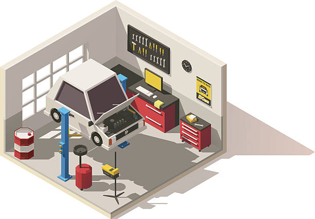 вектор изометрический низкий поли автомобиль сервисный центр значок - isometric gas station transportation car stock illustrations