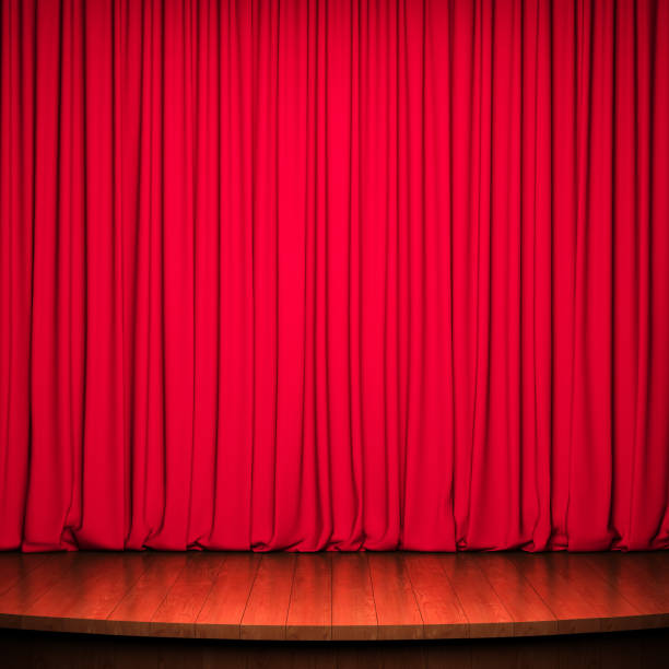 istock Stage with pink curtain and wooden floor 639210988