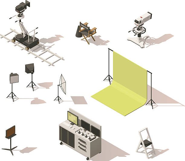 vektorisometrisches low-poly-videogeräte-set - television camera tripod media equipment videography stock-grafiken, -clipart, -cartoons und -symbole