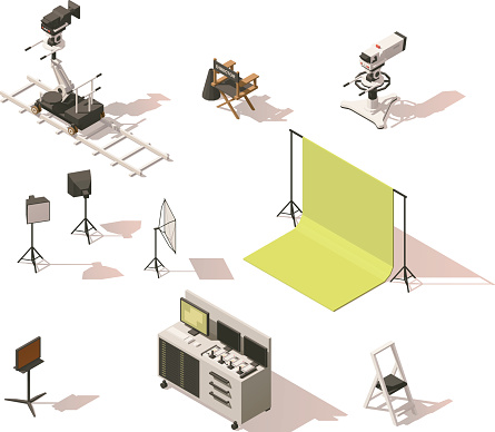 Vector isometric low poly movie and tv video equipment set. Includes video cameras, camera dolly, lighting and other movie shooting process equipment