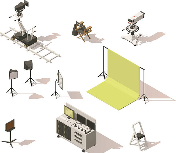Vector isometric low poly video equipment set Vector isometric low poly movie and tv video equipment set. Includes video cameras, camera dolly, lighting and other movie shooting process equipment tripod vector stock illustrations
