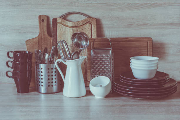 istock Kitchen still-life as background for design. Crockery, tableware on  table-top. 639217452