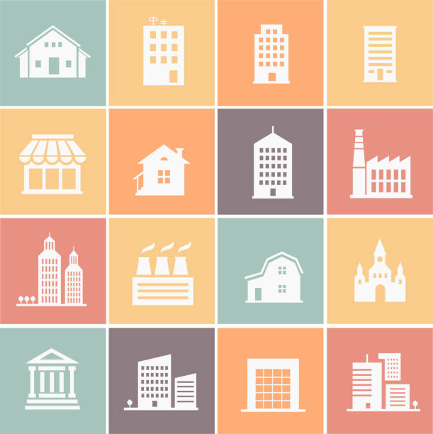 vector set of various buildings web icons vector set of various buildings web icons template. Stores malls factory and skyscraper bank financial building silhouettes stock illustrations