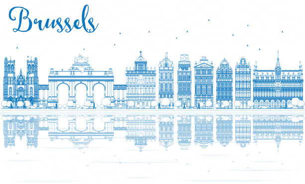 Outline Brussels Skyline with Blue Buildings and Reflections. Outline Brussels Skyline with Blue Buildings and Reflections. Vector Illustration. Business Travel and Tourism Concept with Historic Architecture. Image for Presentation Banner Placard and Web Site houses in brussels stock illustrations
