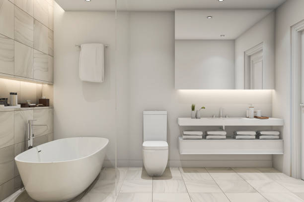 3d renderizado de baldosas blancas mármol baño de lujo - baños minimalistas  fotografías e imágenes de stock