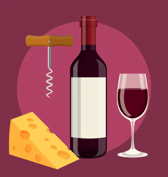 Vector illustration of bottle, glass of wine cheese and Corkscrew