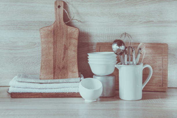 istock Kitchen still-life as background for design. Crockery, tableware on  table-top. 639234152