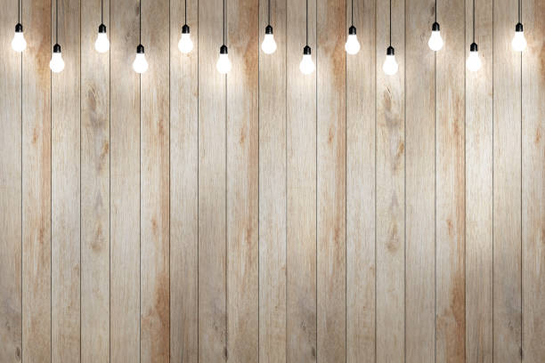 istock wood wall with bulb lights lamp. 639234350