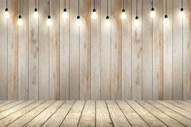 istock wood wall with bulb lights lamp. 639234442